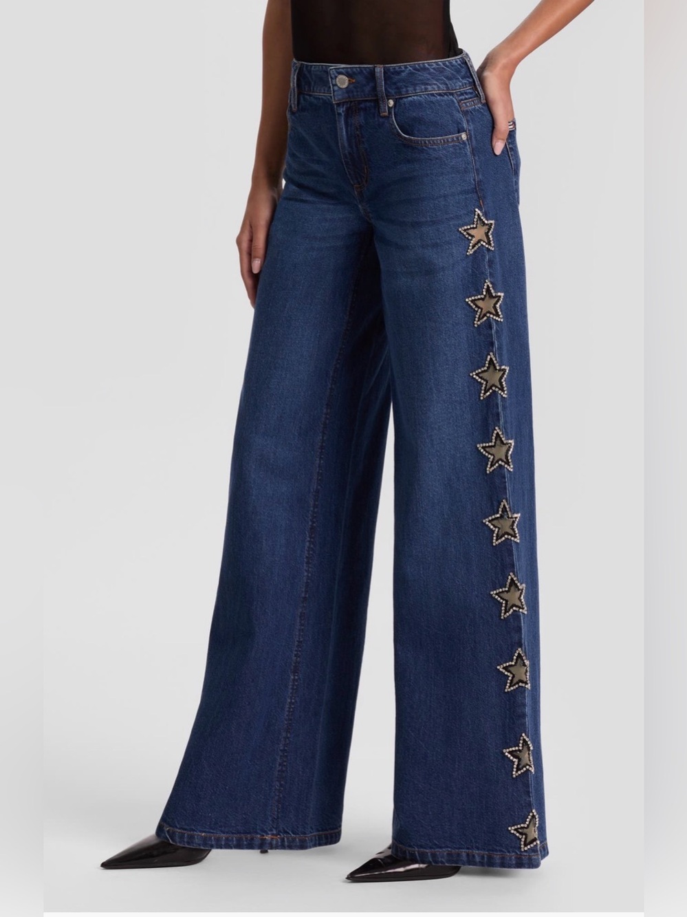 Alice + Olivia Wide Leg Star-Embellished Blue Denim Jeans size 27 Like New - Picture 6 of 10
